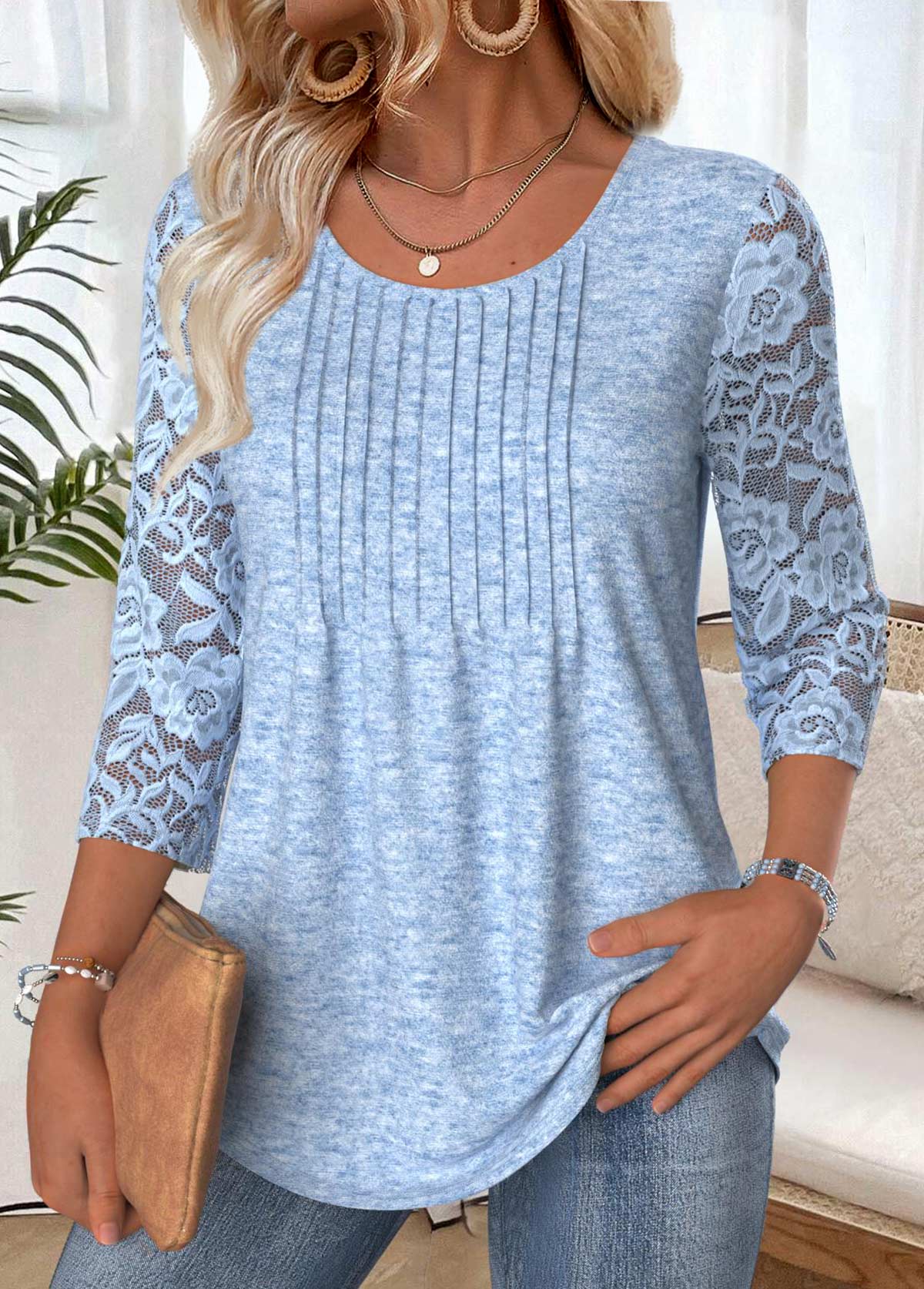 Light Blue 3/4 Sleeve Round Neck T Shirt