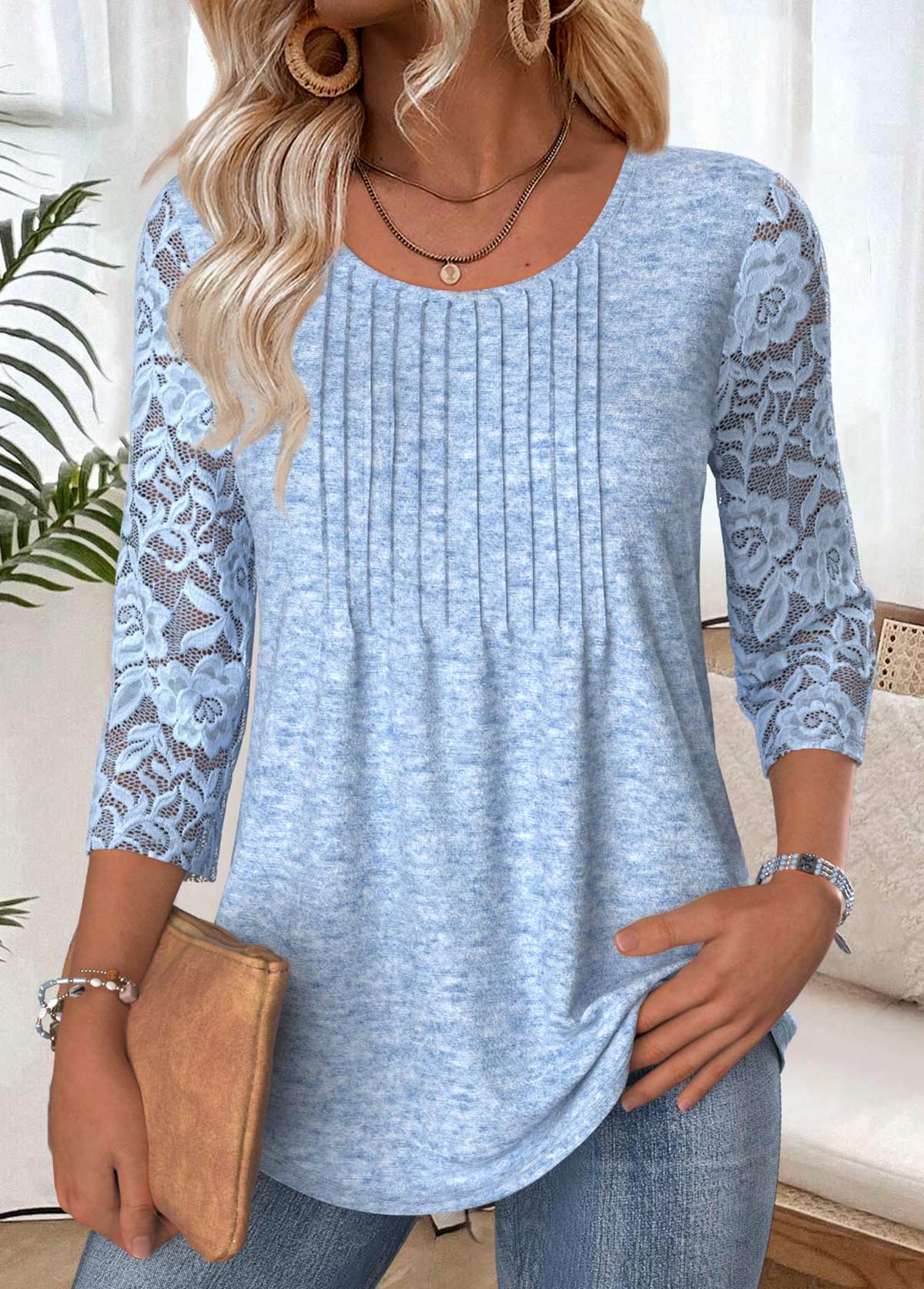 Light Blue 3/4 Sleeve Round Neck T Shirt