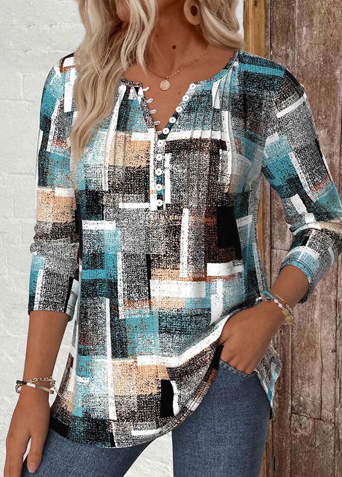 Geometric Print Multi Color Long Sleeve T Shirt