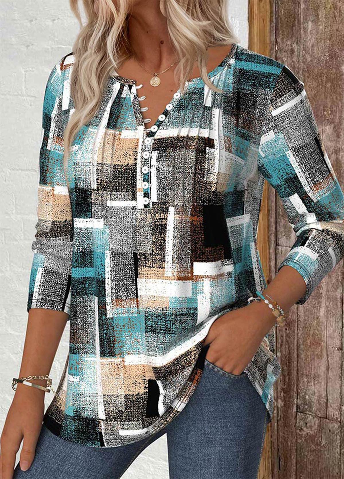 Geometric Print Multi Color Long Sleeve T Shirt
