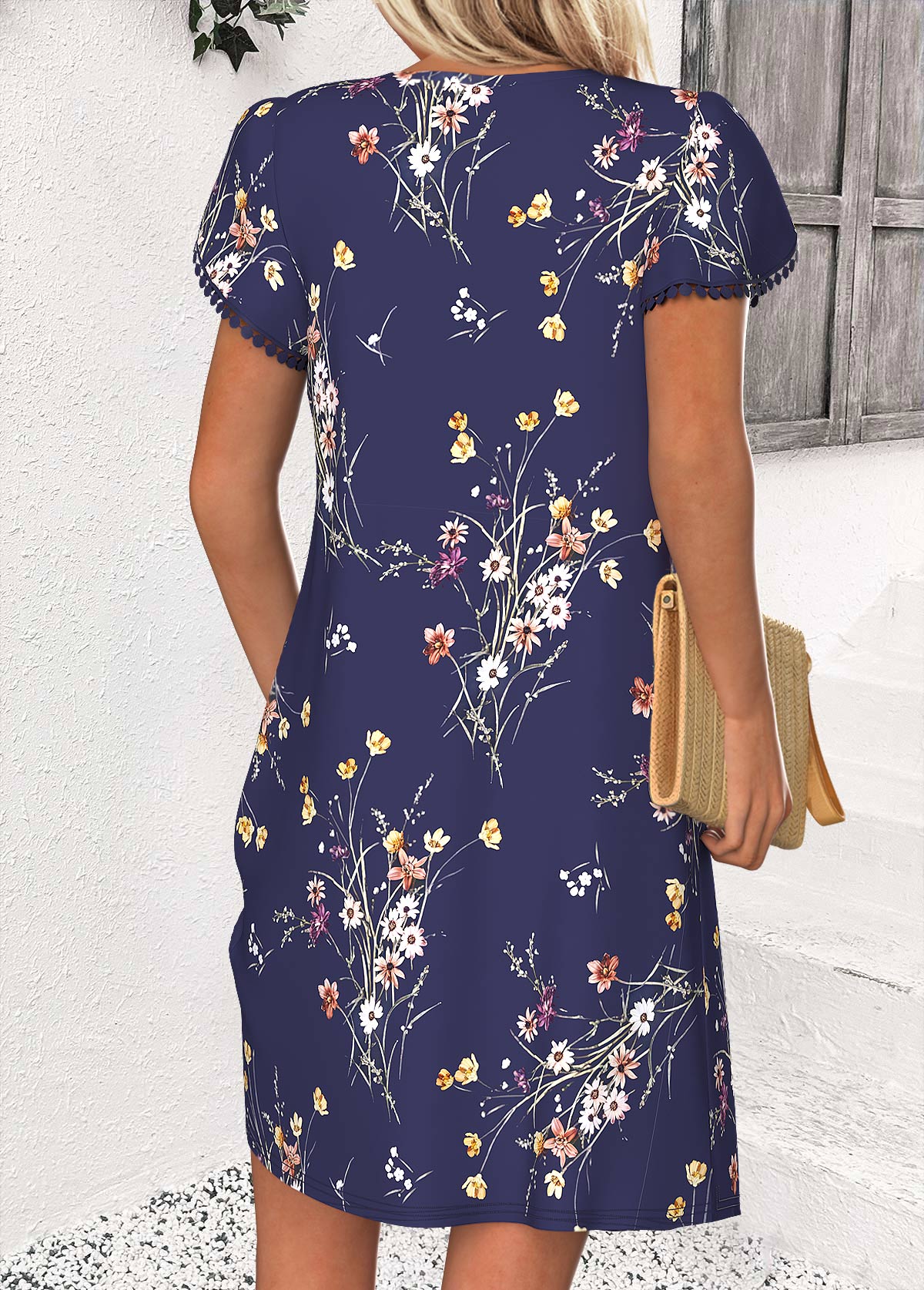 Floral Print Navy Short V Neck Dress