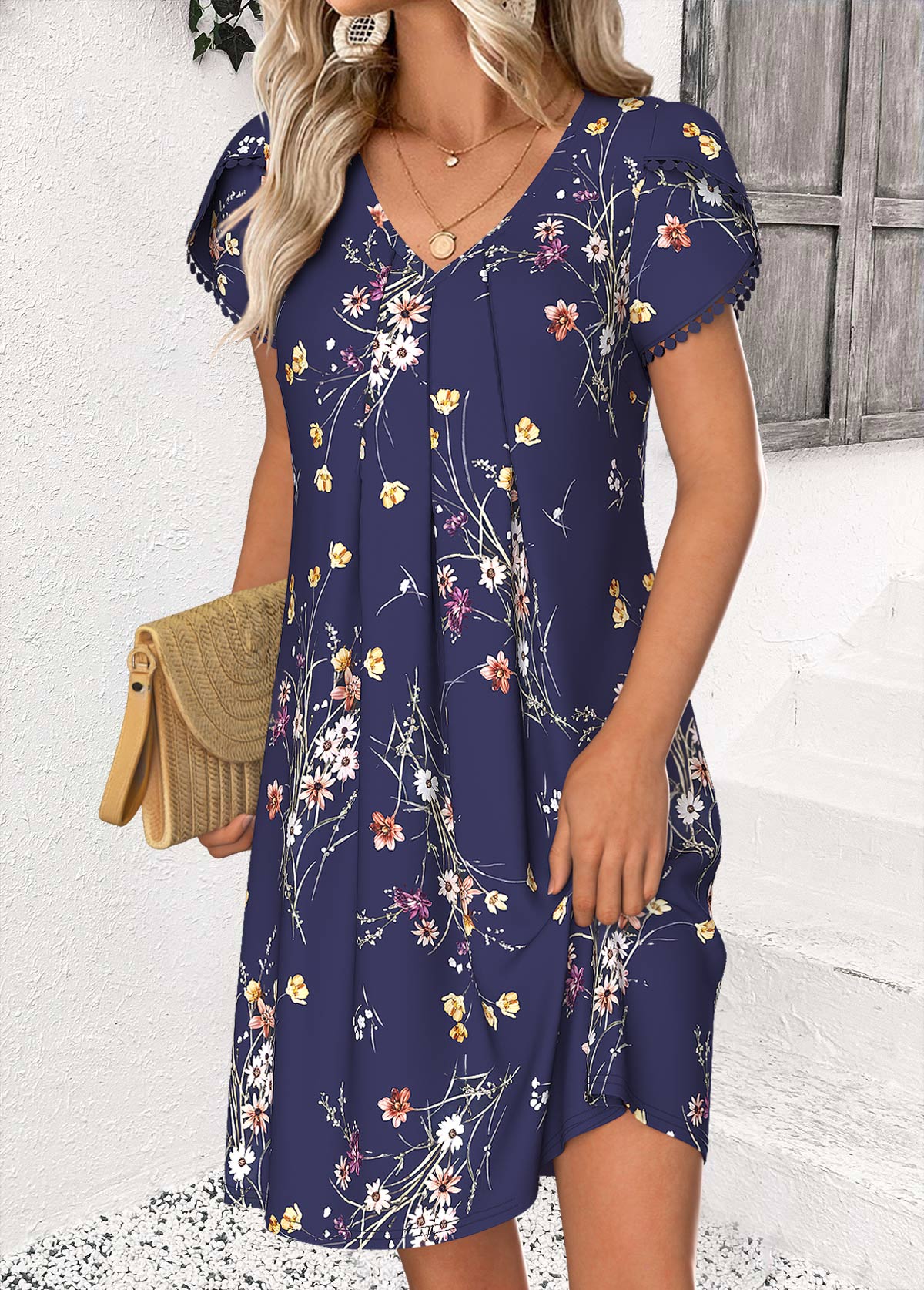 Floral Print Navy Short V Neck Dress
