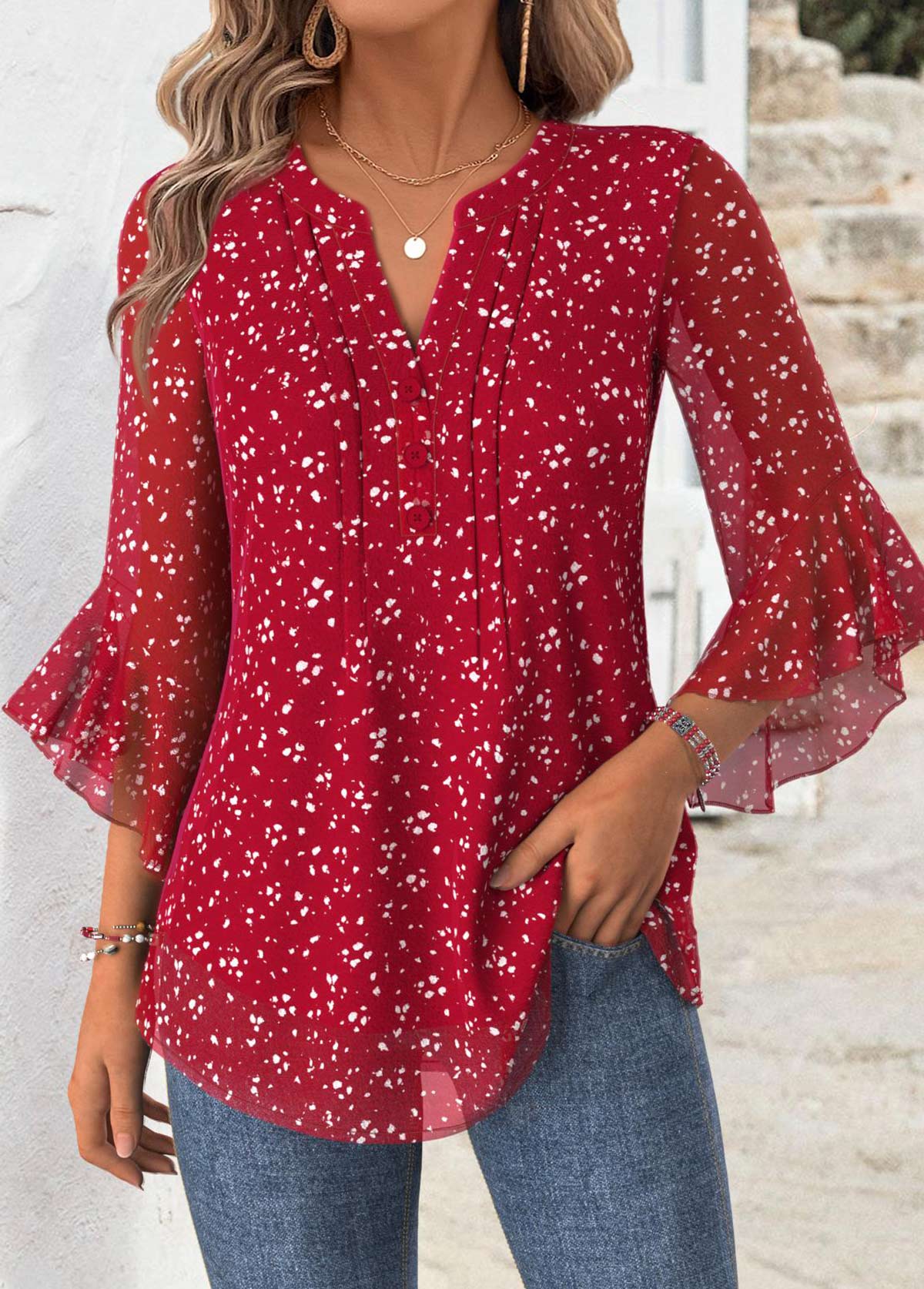 Floral Print Red 3/4 Sleeve Split Neck Blouse