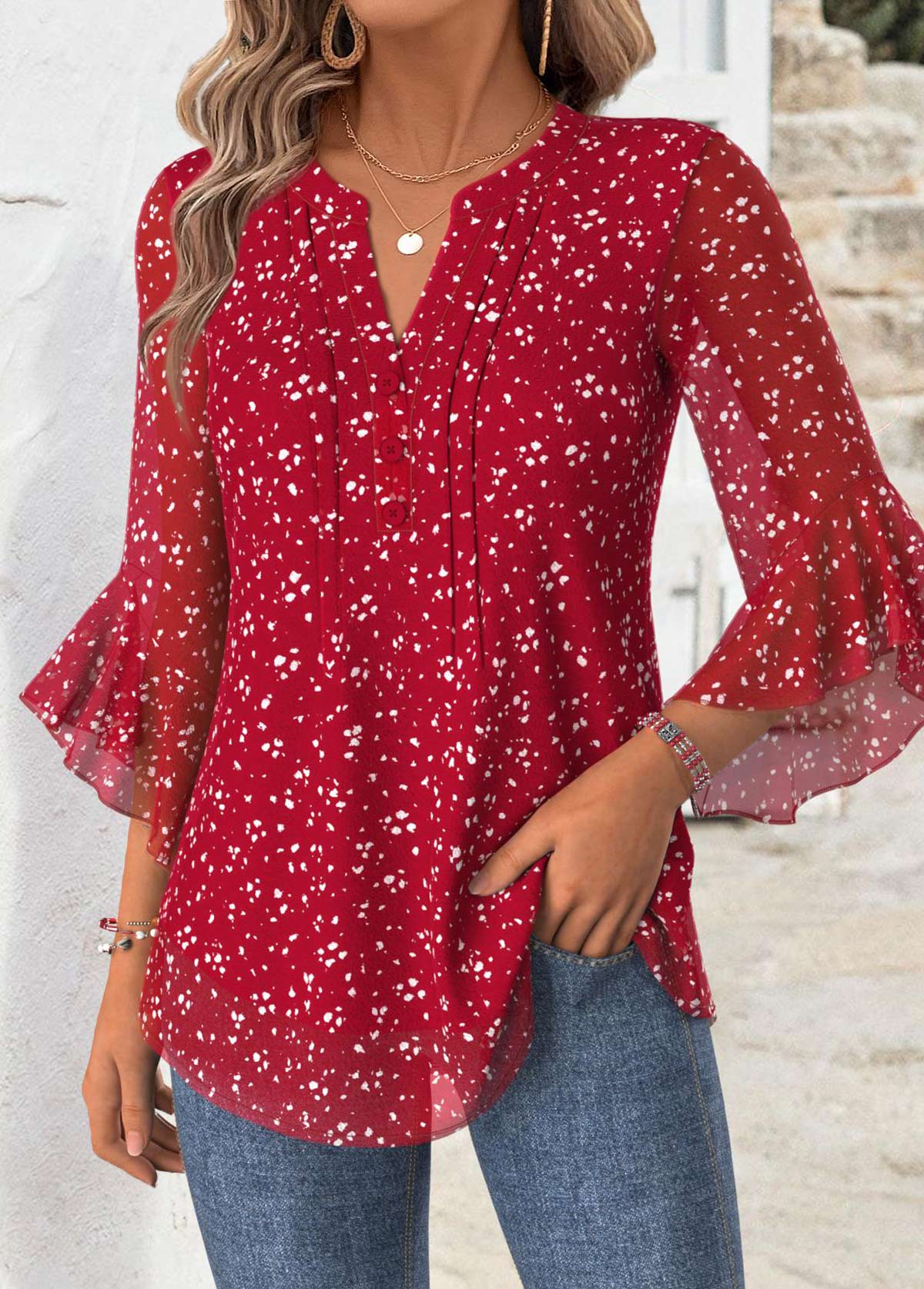 Floral Print Red 3/4 Sleeve Split Neck Blouse