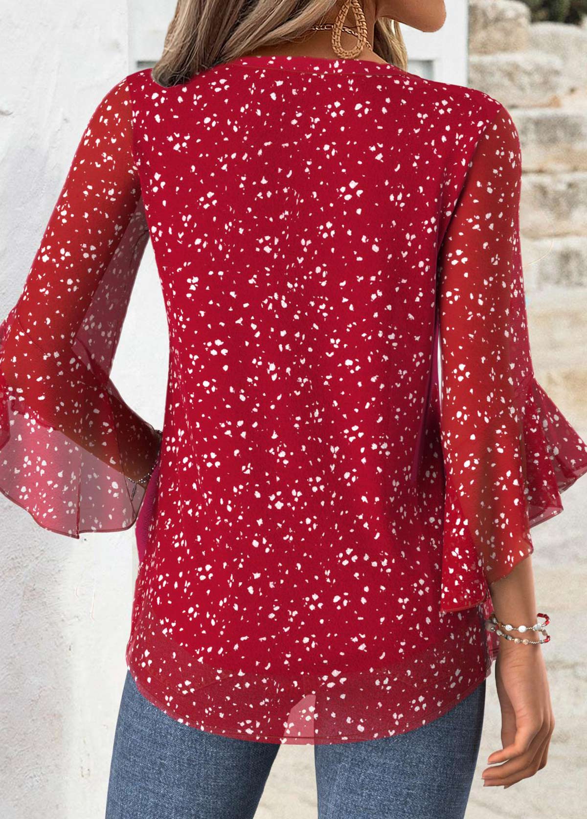 Floral Print Red 3/4 Sleeve Split Neck Blouse