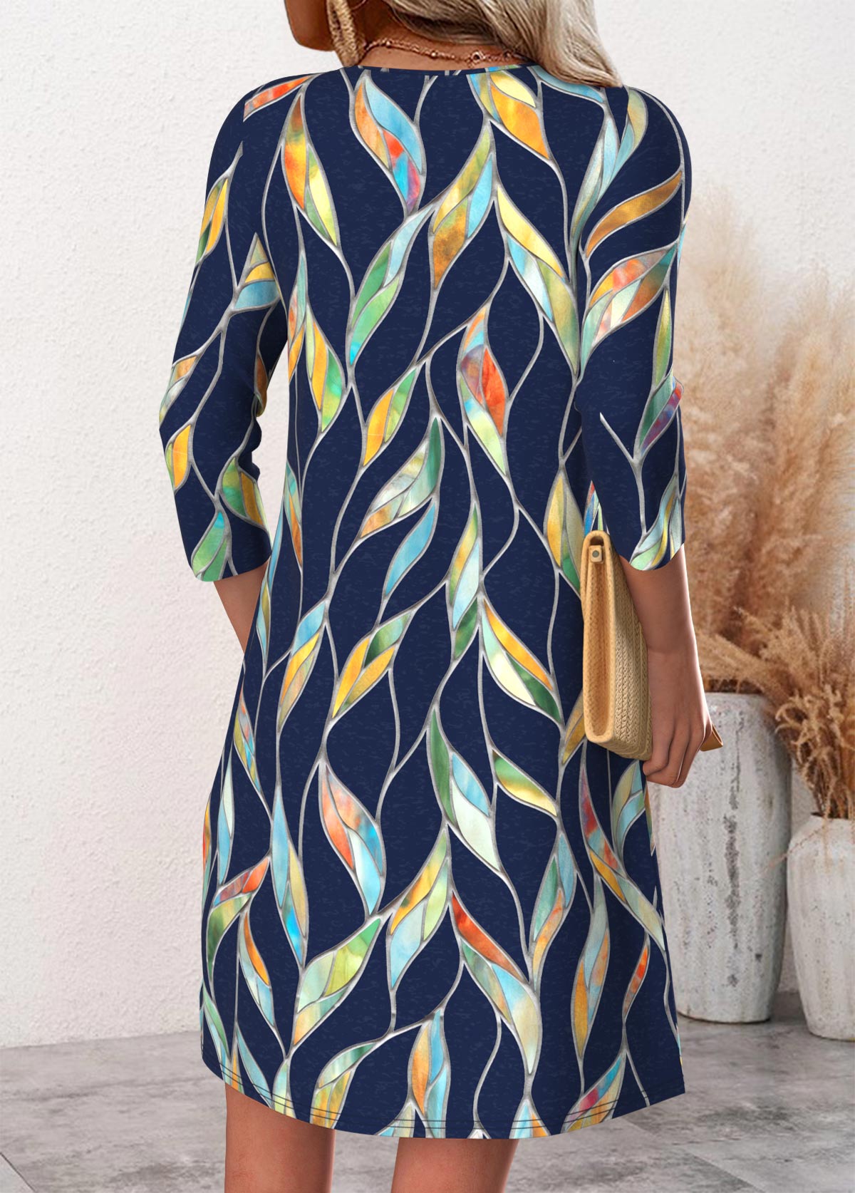 Leaf Print Navy Short Long Sleeve Split Neck Dress