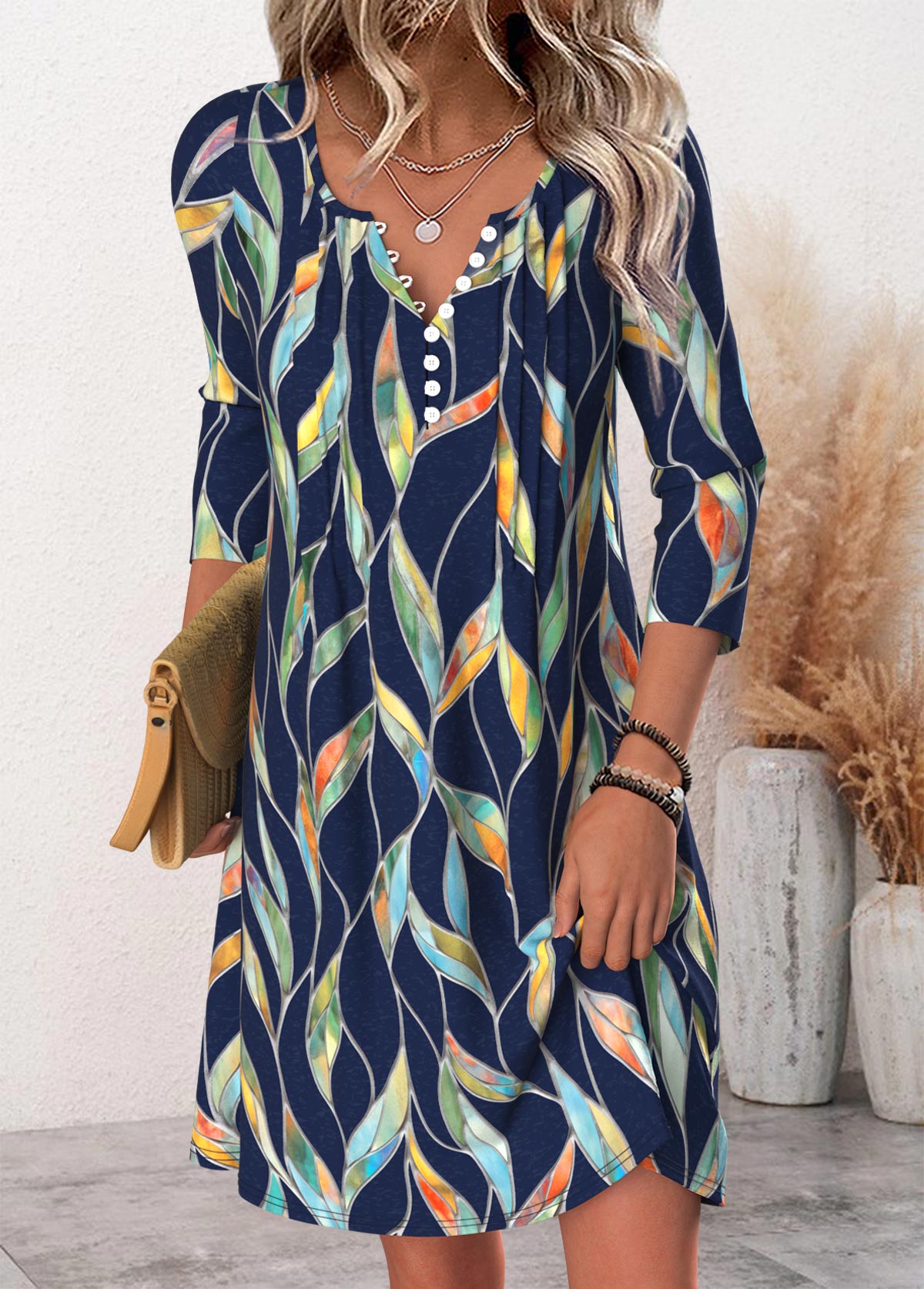Leaf Print Navy Short Long Sleeve Split Neck Dress