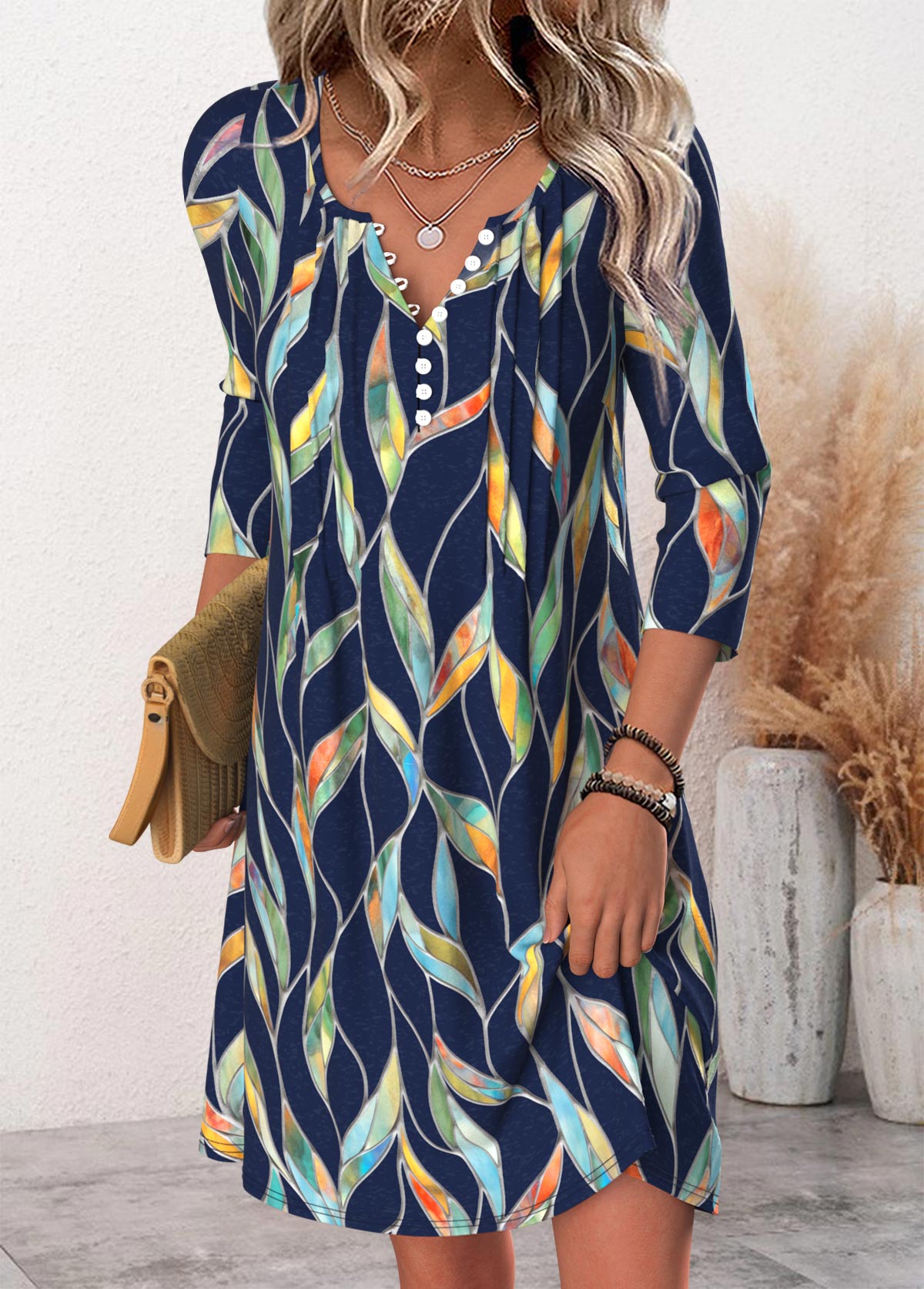 Leaf Print Navy Short Long Sleeve Split Neck Dress