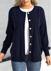 Long Sleeve Button Blue Round Neck Coat