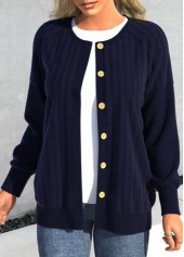 Long Sleeve Button Blue Round Neck Coat