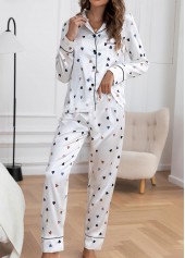 Heart Print White Shirt Collar Lounge Top and Pants