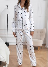 Heart Print White Shirt Collar Lounge Top and Pants