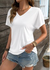 White Short Sleeve V Neck T Shirt