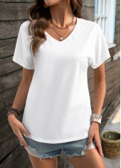 White Short Sleeve V Neck T Shirt