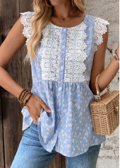 Striped Blue Short Sleeve Round Neck Tank Top