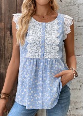 Striped Blue Short Sleeve Round Neck Tank Top