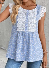 Striped Blue Short Sleeve Round Neck Tank Top