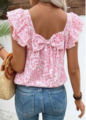 Floral Print Pink Short Sleeve Square Neck T Shirt