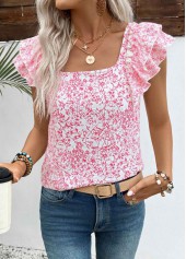 Floral Print Pink Short Sleeve Square Neck T Shirt