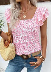 Floral Print Pink Short Sleeve Square Neck T Shirt