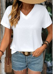 White Short Sleeve V Neck T Shirt