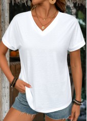White Short Sleeve V Neck T Shirt
