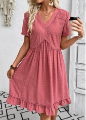 Coral A Line Short Sleeve V Neck Dress