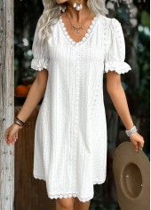 White Short Sleeve V Neck Dress