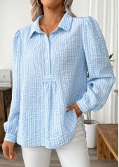 Striped Light Blue Long Sleeve Turn Down Collar Shirt