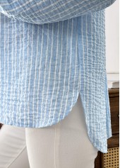 Striped Light Blue Long Sleeve Turn Down Collar Shirt