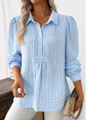 Striped Light Blue Long Sleeve Turn Down Collar Shirt