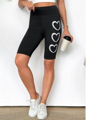 Heart Print Black Elastic Waist High Waisted Short Leggings