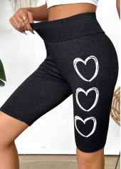 Heart Print Black Elastic Waist High Waisted Short Leggings