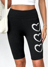 Heart Print Black Elastic Waist High Waisted Short Leggings