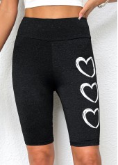 Heart Print Black Elastic Waist High Waisted Short Leggings