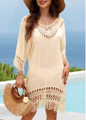 Beige V Neck Hollow Out Cover Up