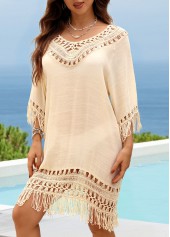 Beige V Neck Hollow Out Cover Up