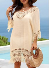 Beige V Neck Hollow Out Cover Up