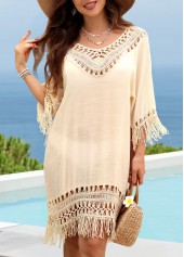 Beige V Neck Hollow Out Cover Up