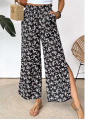 Ditsy Floral Print Black Wide Leg Elastic Waist Pants