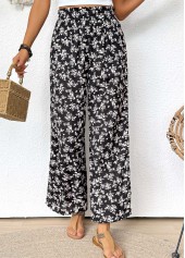 Ditsy Floral Print Black Wide Leg Elastic Waist Pants