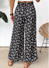 Ditsy Floral Print Black Wide Leg Elastic Waist Pants