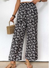 Ditsy Floral Print Black Wide Leg Elastic Waist Pants