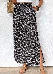 Ditsy Floral Print Black Wide Leg Elastic Waist Pants