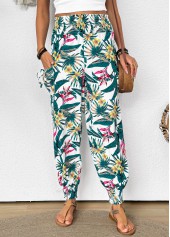Tropical Plants Print Green Jogger Elastic Waist Pants