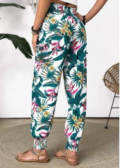 Tropical Plants Print Green Jogger Elastic Waist Pants