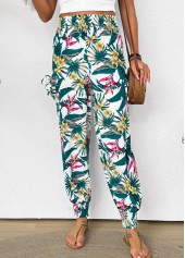 Tropical Plants Print Green Jogger Elastic Waist Pants