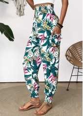 Tropical Plants Print Green Jogger Elastic Waist Pants