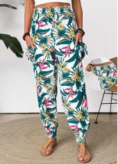 Tropical Plants Print Green Jogger Elastic Waist Pants