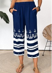 Tribal Print Dark Blue Straight Leg Elastic Waist Pants